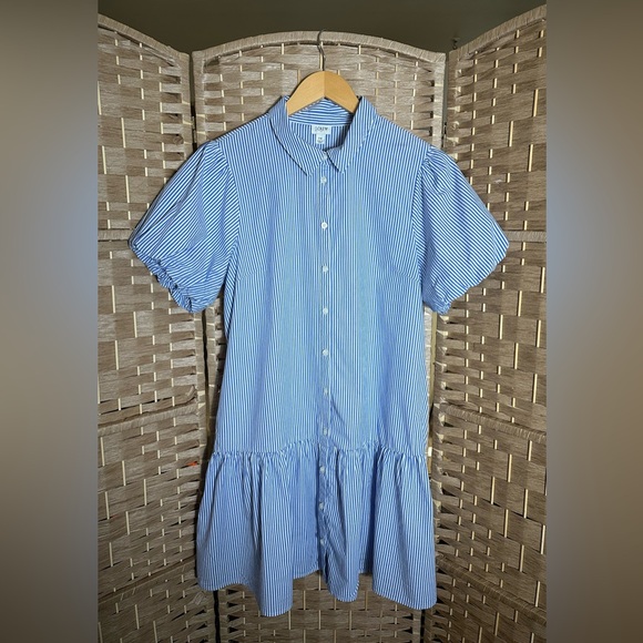 J. Crew Striped Bubble-Sleeve Button-Front Shirt Dress - Size 14 - Picture 4 of 14